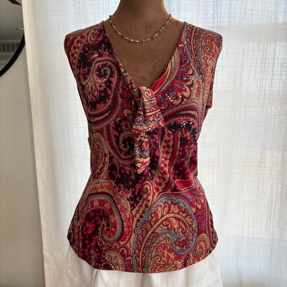 Vintage 2000s Only 9 Pink Paisley Blouse Tie Front Sparkle Embellishment Size L